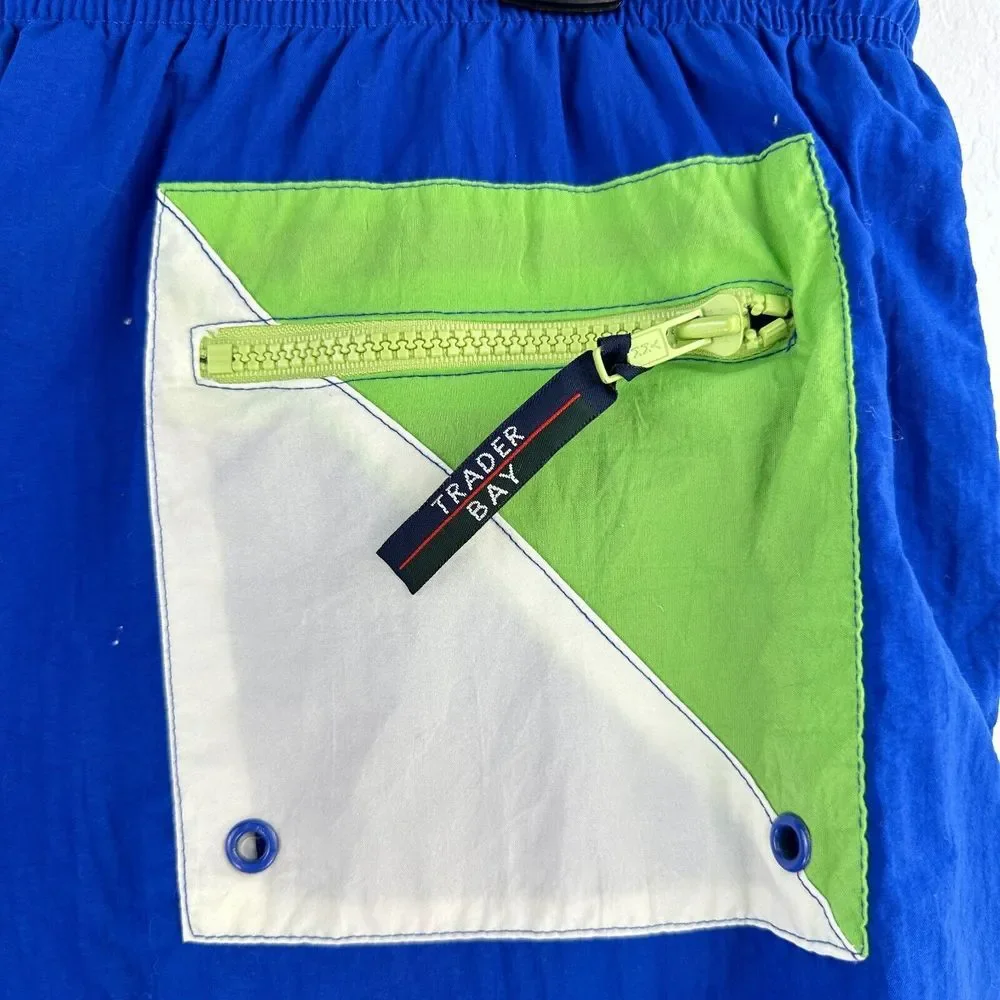 Vintage 90s Trader Bay Swim Shorts Trunks Mens L Blue Green Striped‎ Drawstring